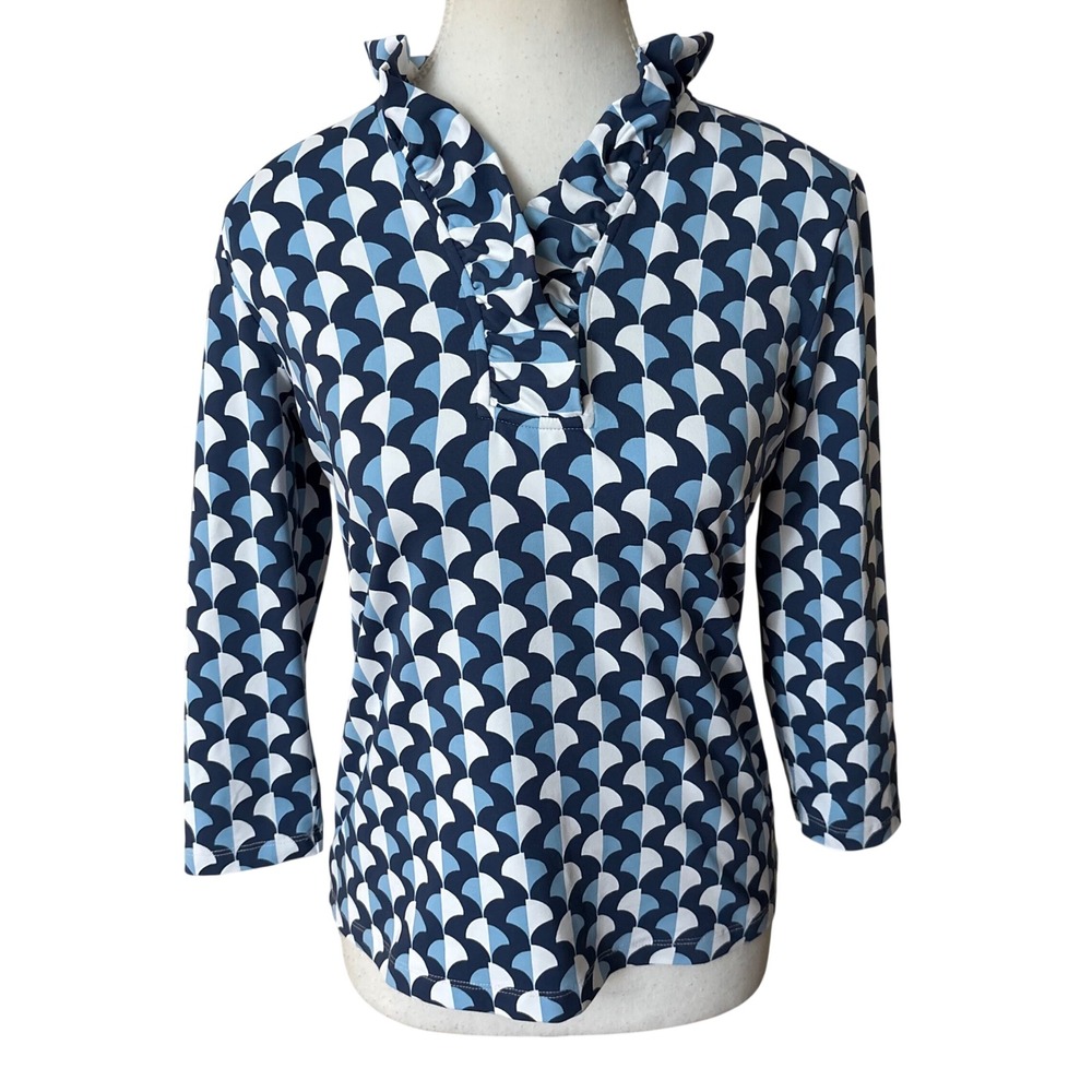 J.McLaughlin Durham Ruffle Top Size Extra Small‎ Blue Geometric 3/4 Sleeves